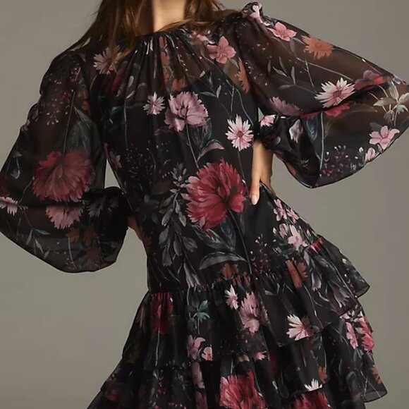 Ieena for Mac Duggal Long-Sleeve Ruffled Chiffon Floral Mini Dress Size 8 - Picture 11 of 14